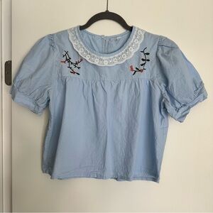 NWOT baby blue puff sleeve top with lace and embroidered collar